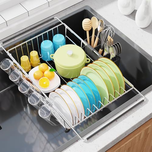 Simple Trending Adjustable Dish Drying Rack in Sink, Dish Drainers for Small Kitchen, Counter Inside Sink, Over the Sink with Utensil Holder - My Kitchen Products