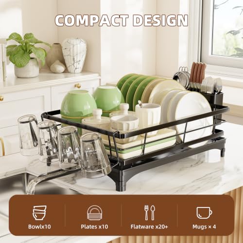 Simple Trending Dish Drying Rack for Kitchen Counter, Stainless Steel Dish Rack, Large Dish Drainer Organizer with Cutlery Holder & Cup Holders, Black - My Kitchen Products