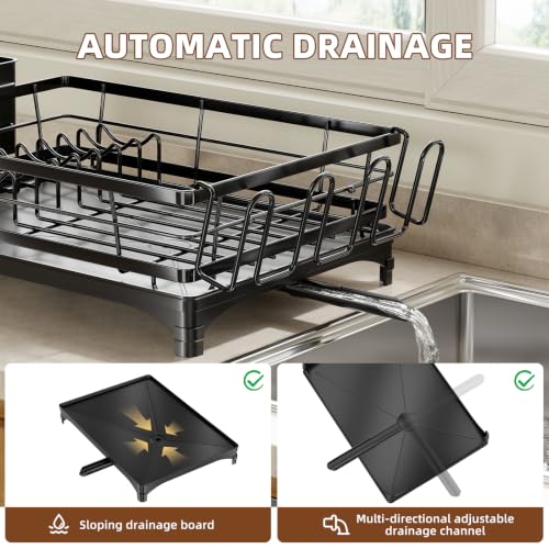 Simple Trending Dish Drying Rack for Kitchen Counter, Stainless Steel Dish Rack, Large Dish Drainer Organizer with Cutlery Holder & Cup Holders, Black - My Kitchen Products