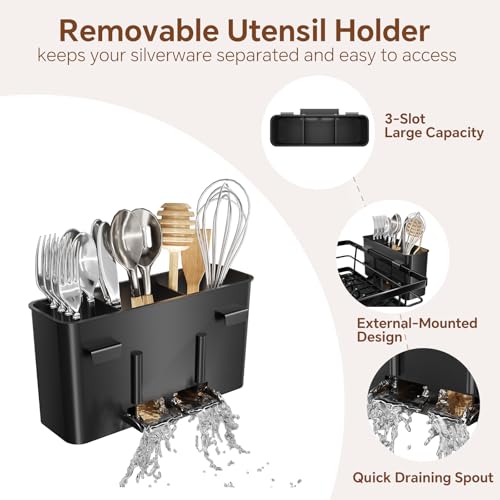 Simple Trending Dish Drying Rack for Kitchen Counter, Stainless Steel Dish Rack, Large Dish Drainer Organizer with Cutlery Holder & Cup Holders, Black - My Kitchen Products