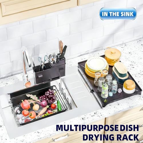 Simple Trending Dish Drying Rack, Space-Saving Large Dish Rack for Kitchen Counter, Anti-Rust Dish Drainer with Cutlery & Cup Holders, Black - My Kitchen Products