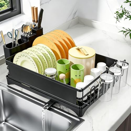Simple Trending Dish Drying Rack, Space-Saving Large Dish Rack for Kitchen Counter, Anti-Rust Dish Drainer with Cutlery & Cup Holders, Black - My Kitchen Products