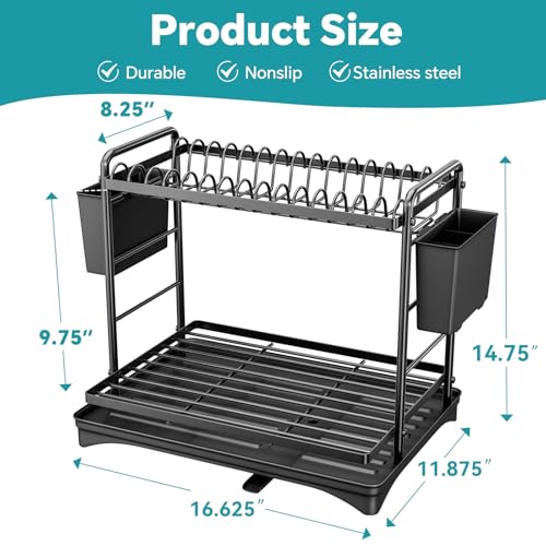 Simple Trending Dish Rack, Dish Drying Rack 2 Tier, Stainless Steel Dish Drainers with Utensil Holder and Drainboard for Kitchen Sink Organizers, 12" w x 16.6" L, Black - My Kitchen Products