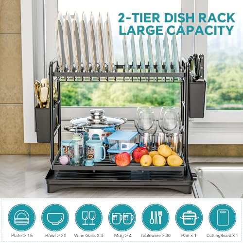 Simple Trending Dish Rack, Dish Drying Rack 2 Tier, Stainless Steel Dish Drainers with Utensil Holder and Drainboard for Kitchen Sink Organizers, 12" w x 16.6" L, Black - My Kitchen Products