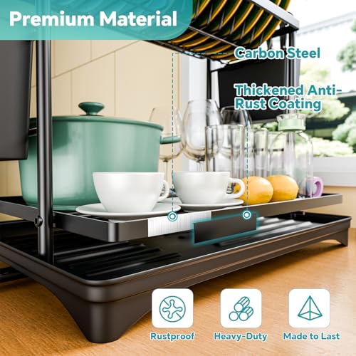 Simple Trending Dish Rack, Dish Drying Rack 2 Tier, Stainless Steel Dish Drainers with Utensil Holder and Drainboard for Kitchen Sink Organizers, 12" w x 16.6" L, Black - My Kitchen Products