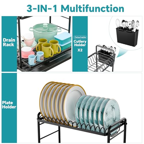 Simple Trending Dish Rack, Dish Drying Rack 2 Tier, Stainless Steel Dish Drainers with Utensil Holder and Drainboard for Kitchen Sink Organizers, 12" w x 16.6" L, Black - My Kitchen Products