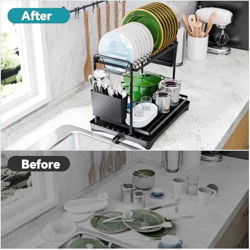 Simple Trending Dish Rack, Dish Drying Rack 2 Tier, Stainless Steel Dish Drainers with Utensil Holder and Drainboard for Kitchen Sink Organizers, 12" w x 16.6" L, Black - My Kitchen Products