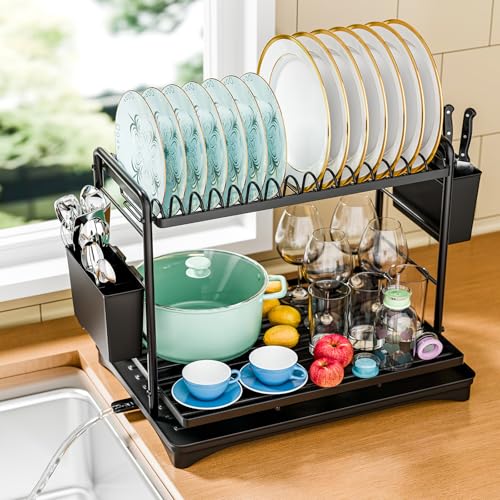 Simple Trending Dish Rack, Dish Drying Rack 2 Tier, Stainless Steel Dish Drainers with Utensil Holder and Drainboard for Kitchen Sink Organizers, 12" w x 16.6" L, Black - My Kitchen Products