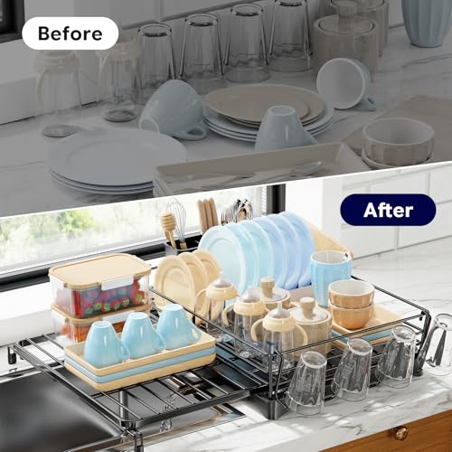 Simple Trending Dish Rack - Expandable Dish Drying Rack for Kitchen Counter, Large Capacity Dish Drainers, Stainless Steel Dish Strainer with Utensil & Cup Holders, Black - My Kitchen Products