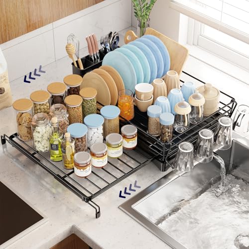 Simple Trending Dish Rack - Expandable Dish Drying Rack for Kitchen Counter, Large Capacity Dish Drainers, Stainless Steel Dish Strainer with Utensil & Cup Holders, Black - My Kitchen Products