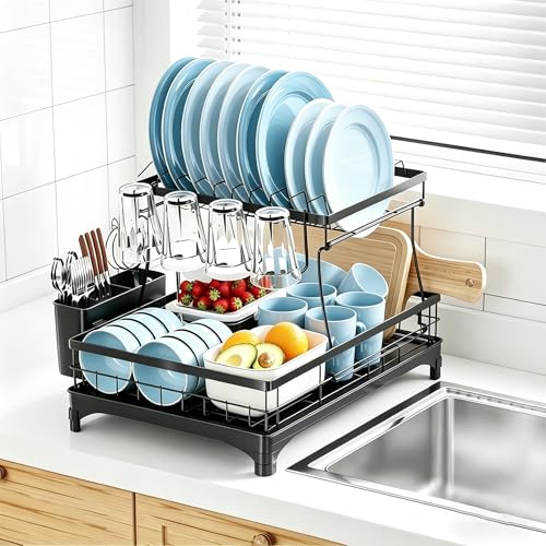 Simple Trending Dish Rack, Stainless Steel Dish Drying Rack for Kitchen Counter, Large Capacity 2-Tier Dish Drainer Organizer with Utensil Holder, Black - My Kitchen Products