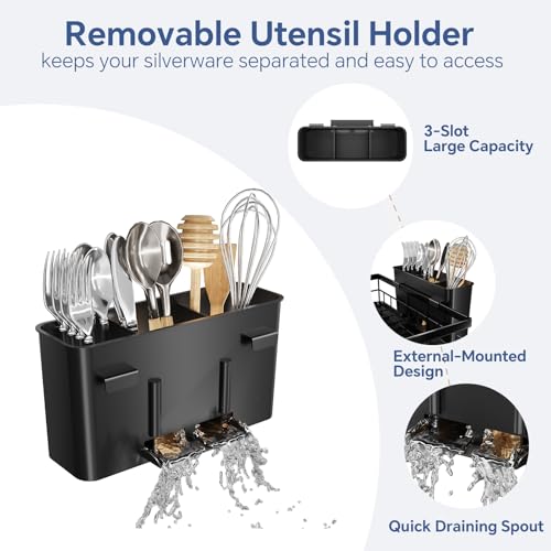 Simple Trending Dish Rack, Stainless Steel Dish Drying Rack for Kitchen Counter, Large Capacity 2-Tier Dish Drainer Organizer with Utensil Holder, Black - My Kitchen Products