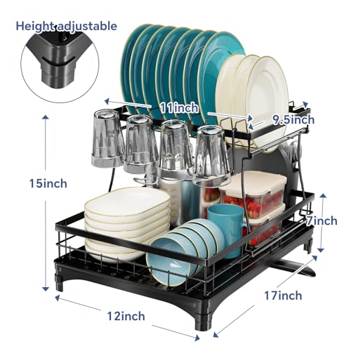Simple Trending Dish Rack, Stainless Steel Dish Drying Rack for Kitchen Counter, Large Capacity 2-Tier Dish Drainer Organizer with Utensil Holder, Black - My Kitchen Products