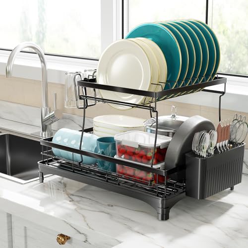 Simple Trending Dish Rack, Stainless Steel Dish Drying Rack for Kitchen Counter, Large Capacity 2-Tier Dish Drainer Organizer with Utensil Holder, Black - My Kitchen Products