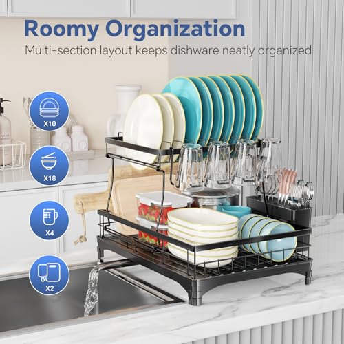 Simple Trending Dish Rack, Stainless Steel Dish Drying Rack for Kitchen Counter, Large Capacity 2-Tier Dish Drainer Organizer with Utensil Holder, Black - My Kitchen Products