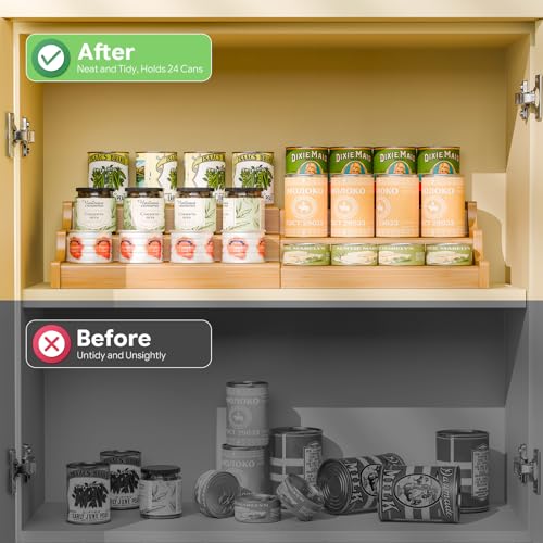 Simple Trending Expandable Bamboo Can Rack Organizer for Pantry, 3-Tier Adjustable Can Storage Holder Holds Up to 24 Cans, Canned Goods Storage Display for Cabinet, Countertop - My Kitchen Products