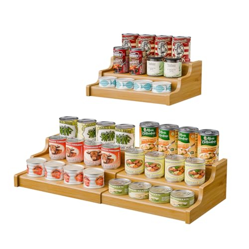 Simple Trending Expandable Bamboo Can Rack Organizer for Pantry, 3-Tier Adjustable Can Storage Holder Holds Up to 24