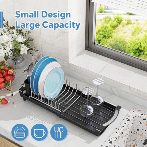 Simple Trending Small Dish Drying Rack, Compact Expandable Dish Rack with Cutlery Holder, Sink Dish Drainer for Kitchen Countertop, Black - My Kitchen Products