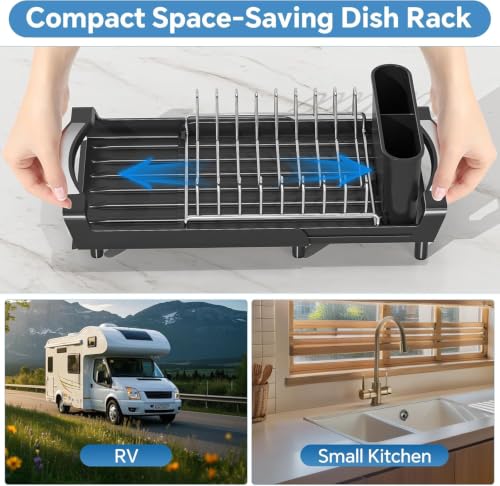 Simple Trending Small Dish Drying Rack, Compact Expandable Dish Rack with Cutlery Holder, Sink Dish Drainer for Kitchen Countertop, Black - My Kitchen Products