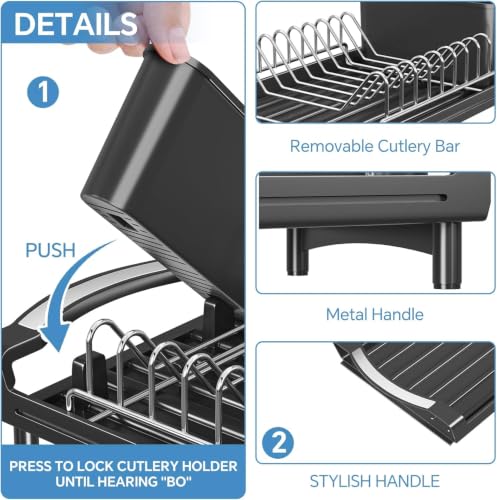Simple Trending Small Dish Drying Rack, Compact Expandable Dish Rack with Cutlery Holder, Sink Dish Drainer for Kitchen Countertop, Black - My Kitchen Products