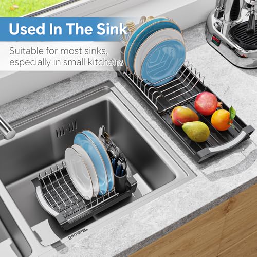 Simple Trending Small Dish Drying Rack, Compact Expandable Dish Rack with Cutlery Holder, Sink Dish Drainer for Kitchen Countertop, Black - My Kitchen Products