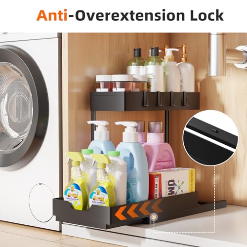 Simple Trending Under Sink Organizer 2 Pack, 2 Tier Cabinet Organizer with Sliding Basket, Multi-Purpose Sink Storage Basket with 4 Hooks for Kitchen Bathroom, Black - My Kitchen Products