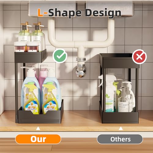 Simple Trending Under Sink Organizer 2 Pack, 2 Tier Cabinet Organizer with Sliding Basket, Multi-Purpose Sink Storage Basket with 4 Hooks for Kitchen Bathroom, Black - My Kitchen Products