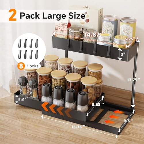 Simple Trending Under Sink Organizer 2 Pack, 2 Tier Cabinet Organizer with Sliding Basket, Multi-Purpose Sink Storage Basket with 4 Hooks for Kitchen Bathroom, Black - My Kitchen Products