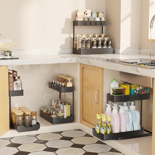 Simple Trending Under Sink Organizer 2 Pack, 2 Tier Cabinet Organizer with Sliding Basket, Multi-Purpose Sink Storage Basket with 4 Hooks for Kitchen Bathroom, Black - My Kitchen Products