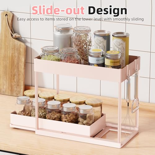 Simple Trending Under Sink Organizer 2 Pack, Sink Pull-Out Sliding Storage Cabinet, 2-Tier Under Shelf Organizer for Kitchen Bathroom, Pink - My Kitchen Products