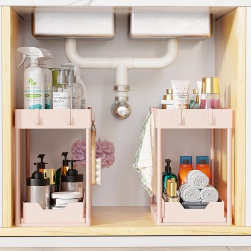 Simple Trending Under Sink Organizer 2 Pack, Sink Pull-Out Sliding Storage Cabinet, 2-Tier Under Shelf Organizer for Kitchen Bathroom, Pink - My Kitchen Products