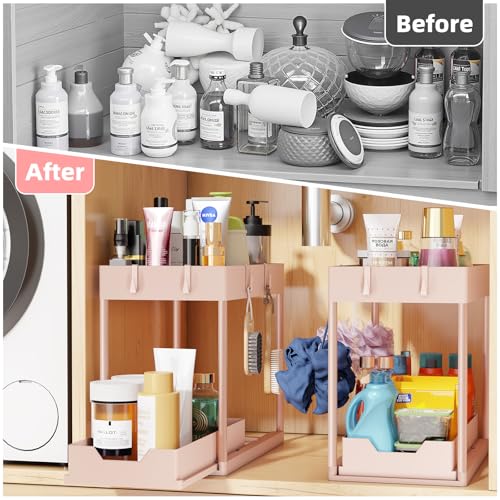 Simple Trending Under Sink Organizer 2 Pack, Sink Pull-Out Sliding Storage Cabinet, 2-Tier Under Shelf Organizer for Kitchen Bathroom, Pink - My Kitchen Products