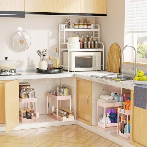 Simple Trending Under Sink Organizer 2 Pack, Sink Pull-Out Sliding Storage Cabinet, 2-Tier Under Shelf Organizer for Kitchen Bathroom, Pink - My Kitchen Products