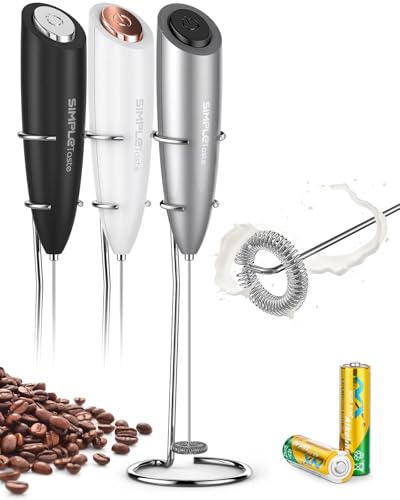 SIMPLETASTE Milk Frother Handheld Electric Foam Maker, Drink Mixer with Stainless Steel Whisk for Cappuccino, Bulletproof Coffee, Latte, Gray, with Stand, Battery Operated - My Kitchen Products