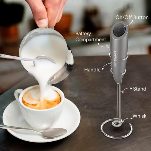 SIMPLETASTE Milk Frother Handheld Electric Foam Maker, Drink Mixer with Stainless Steel Whisk for Cappuccino, Bulletproof Coffee, Latte, Gray, with Stand, Battery Operated - My Kitchen Products