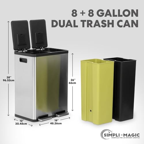 SIMPLI-MAGIC 60 Liter / 16 Gallon Rectangular Hands-Free Dual Compartment Recycling Kitchen Step Trash Can with Soft-Close Lid, Brushed Stainless Steel - My Kitchen Products