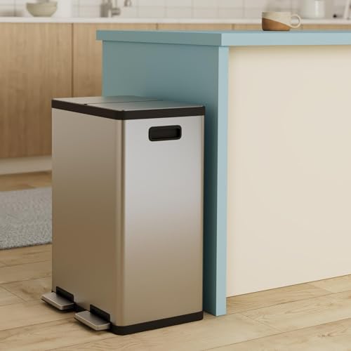 SIMPLI-MAGIC 60 Liter / 16 Gallon Rectangular Hands-Free Dual Compartment Recycling Kitchen Step Trash Can with Soft-Close Lid, Brushed Stainless Steel - My Kitchen Products