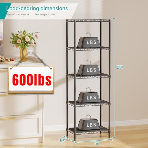 SINGAYE Metal Shelves Wire Shelving：Storage Rack Standing Units Shelf for Kitchen Laundry Bathroom Closet Organizers Pantry Narrow Mesh Adjustable 10" D x 16" W x 55" H Black - My Kitchen Products