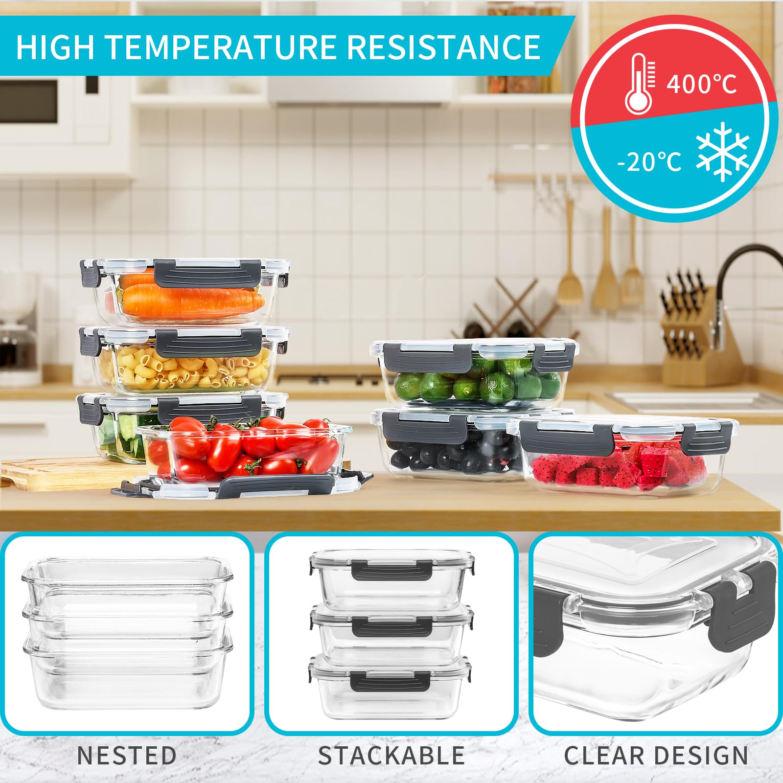 Skroam 10 Pack Glass Meal Prep Containers, 22 OZ Glass Airtight Food Storage Containers with Lids, Pantry Kitchen Storage Containers for Lunch, Food Storage, Meal Prep, Lunch Bento Boxes - My Kitchen Products