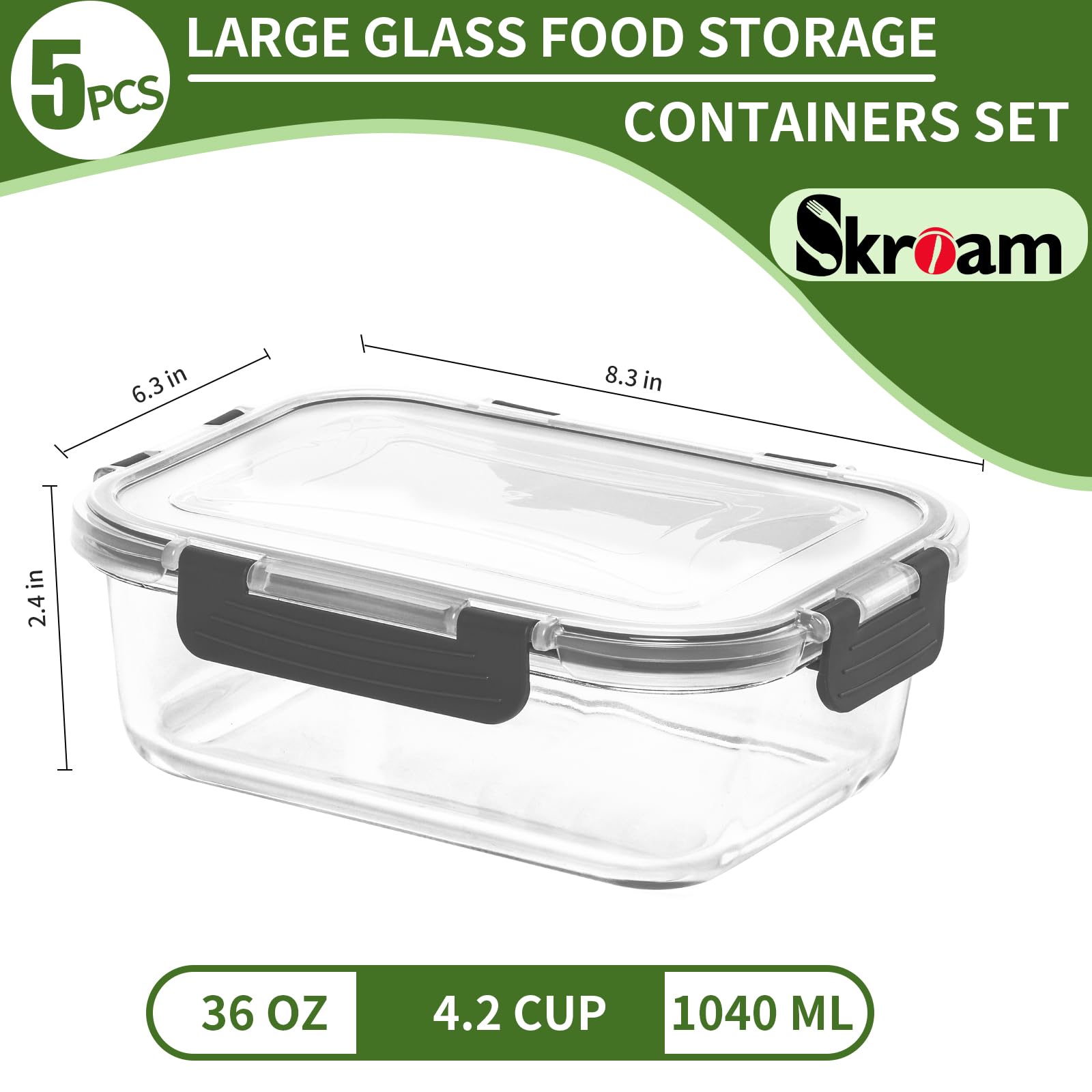 Skroam 5-Packs 36OZ Glass Food Storage Containers with Lids Airtight, Glass Meal Prep Container for Lunch, Pantry Organizers and Storage, Glass Lunch Boxes for Freezer to Oven Safe, Leak Proof - My Kitchen Products
