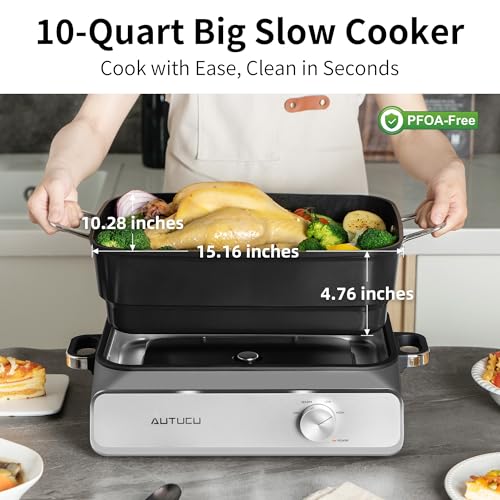 Slow Cooker 10-Quart - PFOA-Free Ceramic Coating, Oven Safe to 450°F | Keep Warm Function for Large Family Gatherings (Includes Silicone Spoon) - My Kitchen Products
