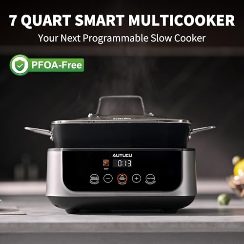 Slow Cooker 7 Quart | Programmable Multi-Cooker PFOA-Free Ceramic Coating, Steamer, Sear sauté, Warm Function (Includes Silicone Spoon) - My Kitchen Products