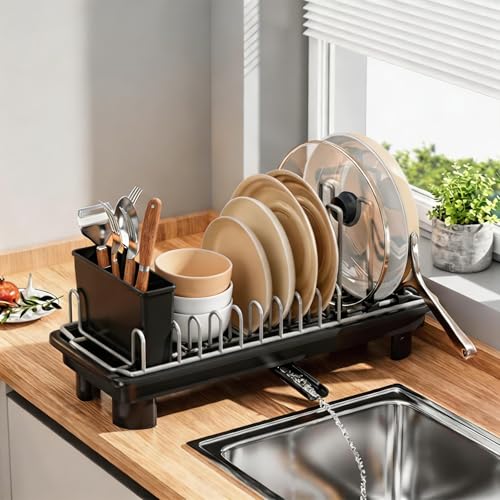 Small Dish Drying Rack,Compact Dish Rack for Kitchen Counter with 360° Rotating Drain Spout and Utensil Holder,Stainless Steel Countertop Dish Drainer for Sink,Space-Saving Design for Small Kitchen - My Kitchen Products