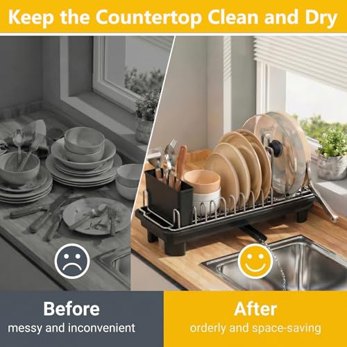 Small Dish Drying Rack,Compact Dish Rack for Kitchen Counter with 360° Rotating Drain Spout and Utensil Holder,Stainless Steel Countertop Dish Drainer for Sink,Space-Saving Design for Small Kitchen - My Kitchen Products