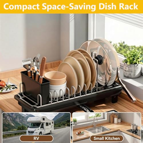 Small Dish Drying Rack,Compact Dish Rack for Kitchen Counter with 360° Rotating Drain Spout and Utensil Holder,Stainless Steel Countertop Dish Drainer for Sink,Space-Saving Design for Small Kitchen - My Kitchen Products
