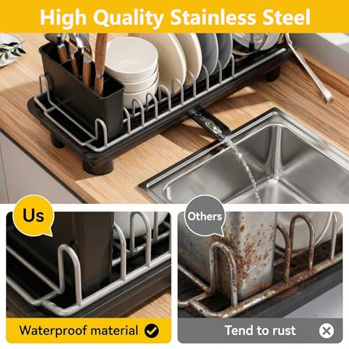 Small Dish Drying Rack,Compact Dish Rack for Kitchen Counter with 360° Rotating Drain Spout and Utensil Holder,Stainless Steel Countertop Dish Drainer for Sink,Space-Saving Design for Small Kitchen - My Kitchen Products