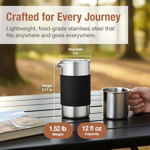 Small French Press Coffee Maker Set - 12 oz | Portable Travel French Press Coffee Maker | Double Wall Insulated with Dual Stainless Filters & 2 Steel Canisters for Grounds, Tea, Creamer & Sugar - My Kitchen Products