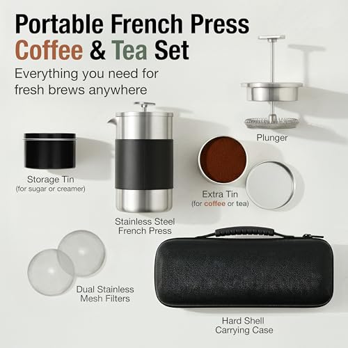 Small French Press Coffee Maker Set - 12 oz | Portable Travel French Press Coffee Maker | Double Wall Insulated with Dual Stainless Filters & 2 Steel Canisters for Grounds, Tea, Creamer & Sugar - My Kitchen Products