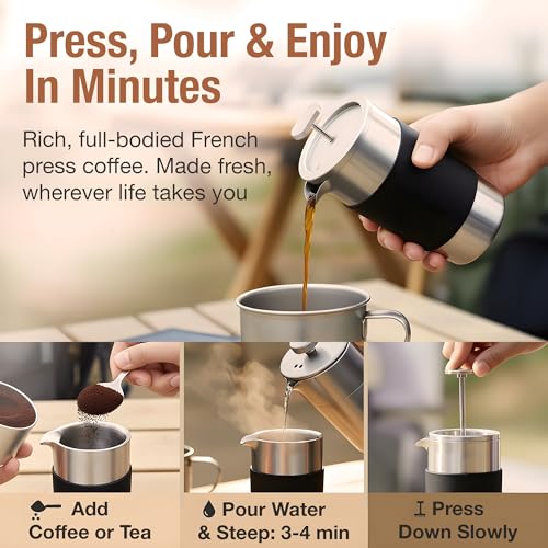 Small French Press Coffee Maker Set - 12 oz | Portable Travel French Press Coffee Maker | Double Wall Insulated with Dual Stainless Filters & 2 Steel Canisters for Grounds, Tea, Creamer & Sugar - My Kitchen Products