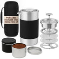 Small French Press Coffee Maker Set - 12 oz | Portable Travel French Press Coffee Maker | Double Wall Insulated with Dual Stainless Filters & 2 Steel Canisters for Grounds, Tea, Creamer & Sugar - My Kitchen Products